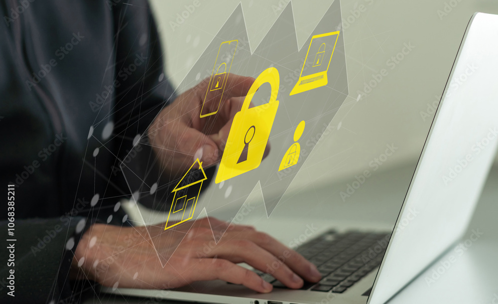 Poster businessman use a laptop to login by password with virtual screen of padlock, security of private. t