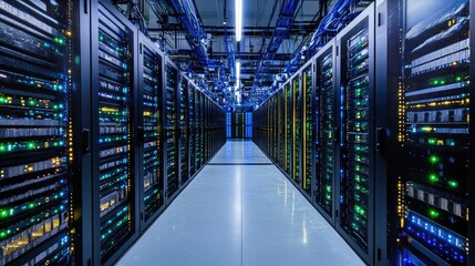 A long hallway filled with server racks. This image is perfect for illustrating the concept of data storage and the technology behind it.