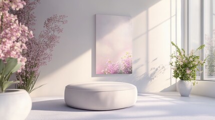 Modern Living Room with Round Ottoman and AI Art: A sleek, minimalist room with a round ottoman in soft tones, fresh floral arrangements on the side, and a mock-up poster featuring generative AI art