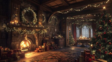Obraz premium Christmas eve in a cozy decorated house with fireplace, gifts and christmas tree, celebrating winter holidays