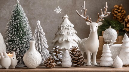 Christmas still life with white reindeer, trees, pine cones and snowflake ornaments creating festive atmosphere