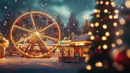 Holiday fairground with a glowing Ferris wheel and festive decor, with room for copy on the ground or in the sky.