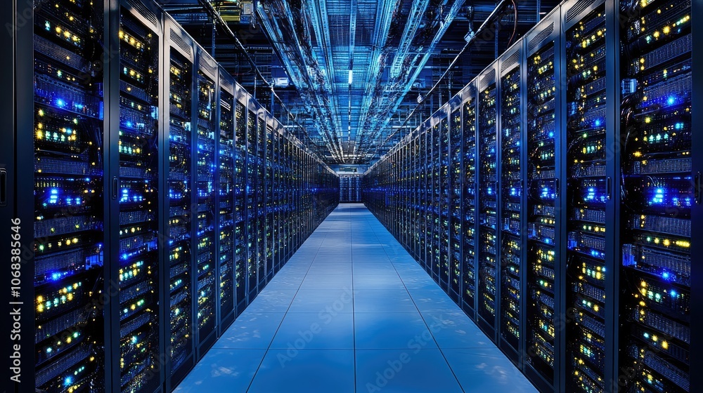 Poster rows of servers in a data center. this photo can be used to illustrate the power and scale of modern