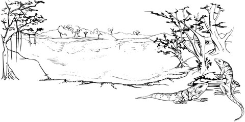 Jungle rainforest Amazon river lake shore with trees, mountains hills backdrop, iguana lizards. Hand drawn ink vector illustration, isolated scenic landscape. Design travel, vacation brochure, camping