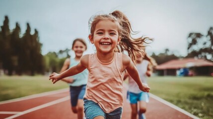 Obraz premium Group of joyful children running on a track, emphasizing healthy habits and youthful energy in a fitness-centered environment
