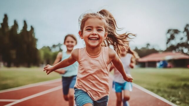 Group of joyful children running on a track, emphasizing healthy habits and youthful energy in a fitness-centered environment