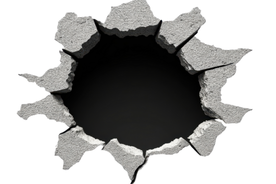 Bullet hole penetrates concrete structure creating an opening in a wall