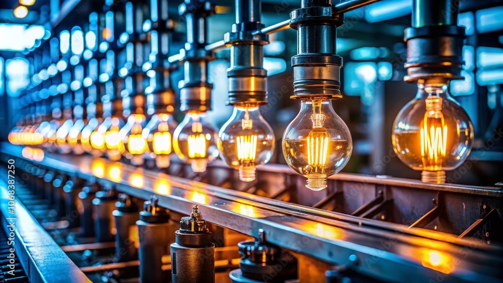 Poster lots of light bulbs on a production line with one light illuminated to showcase manufacturing effici