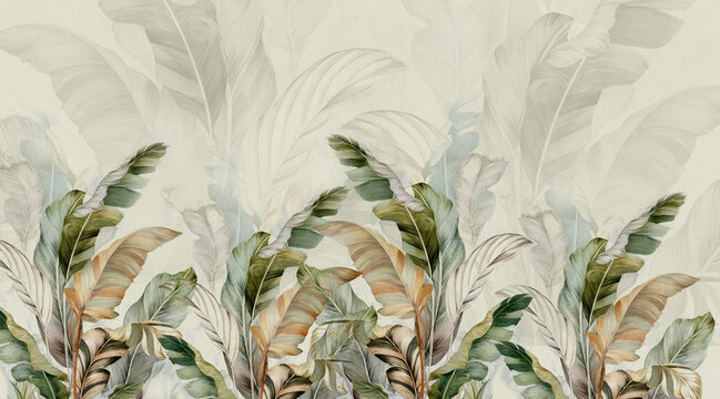 Wallpaper, tropical leaves, palm leaves, banana leaves. A mural for the walls.