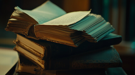 Obraz premium Close-Up of Stack of Old Books with Open Pages in Warm Lighting