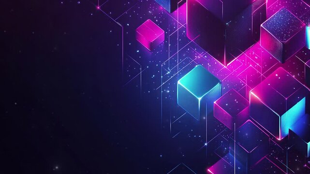 Cyber technology concept. Abstract futuristic background with neon glowing cubes on dark blue and purple colors. Big data. Abstract futuristic technology. Futuristic digital art. Copy space