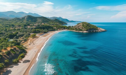 peaceful aerial wide beach landscape summer vacation mediterranean holiday waves crash stunning blue ocean bay sea panoramic coastline tranquil aerial drone top view relaxing sunny beach seaside