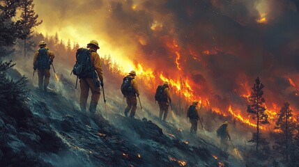 Fototapeta premium Firefighters battle a wildfire. This image is ideal for articles about wildfire prevention, firefighter safety, and the dangers of forest fires.