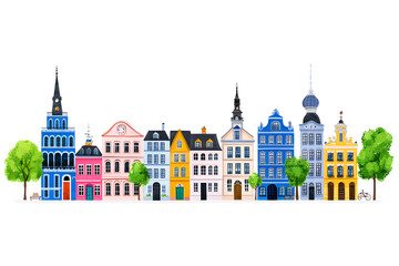 Obraz premium Famous European city landmarks, hand-drawn flat style illustration, isolated on white background