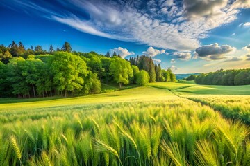 Obraz premium Lush Green Spring Landscape with Growing Wheat Field Near Forest Plantation for Agricultural Export and Flour Processing, Ideal for Baking Bread Photography