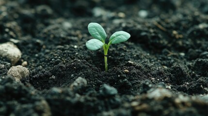 Naklejka premium New Growth Among Dark Soil and Stones