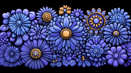 Vibrant Blue Floral Design Hand Drawn Flowers Intricate Botanical Illustration Dark Background