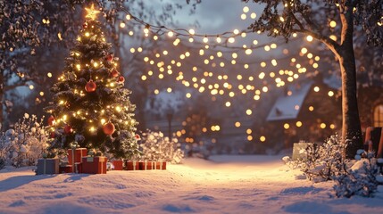 Fototapeta premium Snowy outdoor Christmas festival scene, with a decorated tree and string lights, leaving space for a cheerful message.