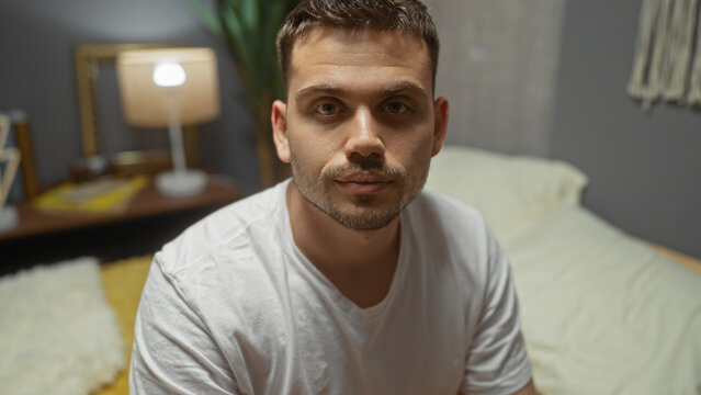 Handsome young hispanic man with a beard sitting indoors on a bed in a cozy bedroom, captured in a close-up portrait.
