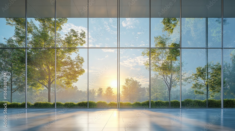 Poster empty room with large windows overlooking a forest. this image can be used for presentations or desi