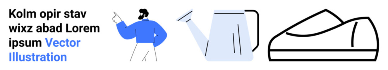 Man in blue shirt pointing, gray watering can, black-outlined shoe. Ideal for design, e-commerce, lifestyle, gardening, fashion, user interfaces, promotional materials. Landing page