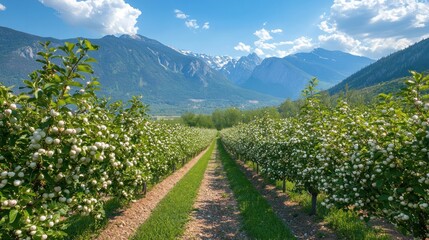 Fototapeta premium Apple Orchard with Mountain Backdrop