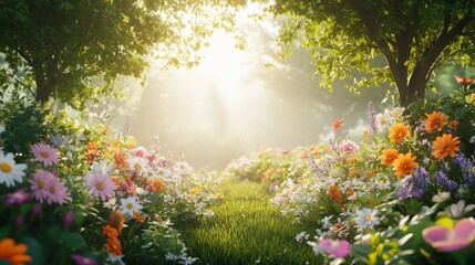 Obraz premium Realistic Wildflower Garden with Lush Greenery and Colorful Blossoms on White Background