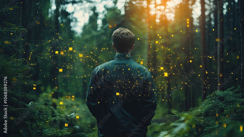 Poster a man stands in a lush forest, surrounded by a glowing network. this image symbolizes connection and