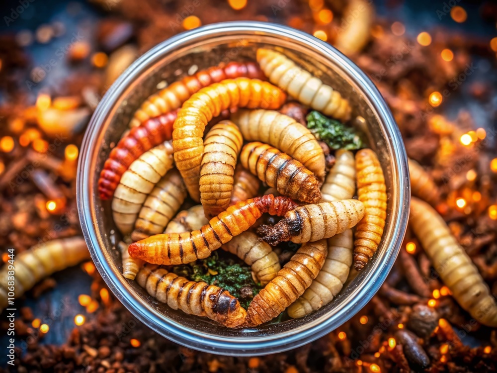Poster macro maggots in a container captured by drone photography showcasing the intricate details of insec