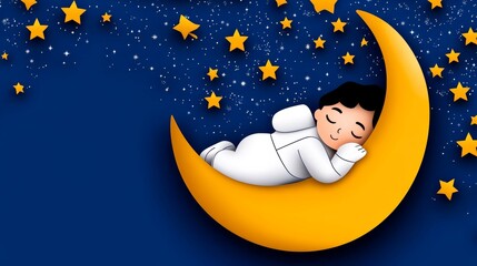 Sweet Dreams Child Sleeping on Crescent Moon Stars Night Sky
