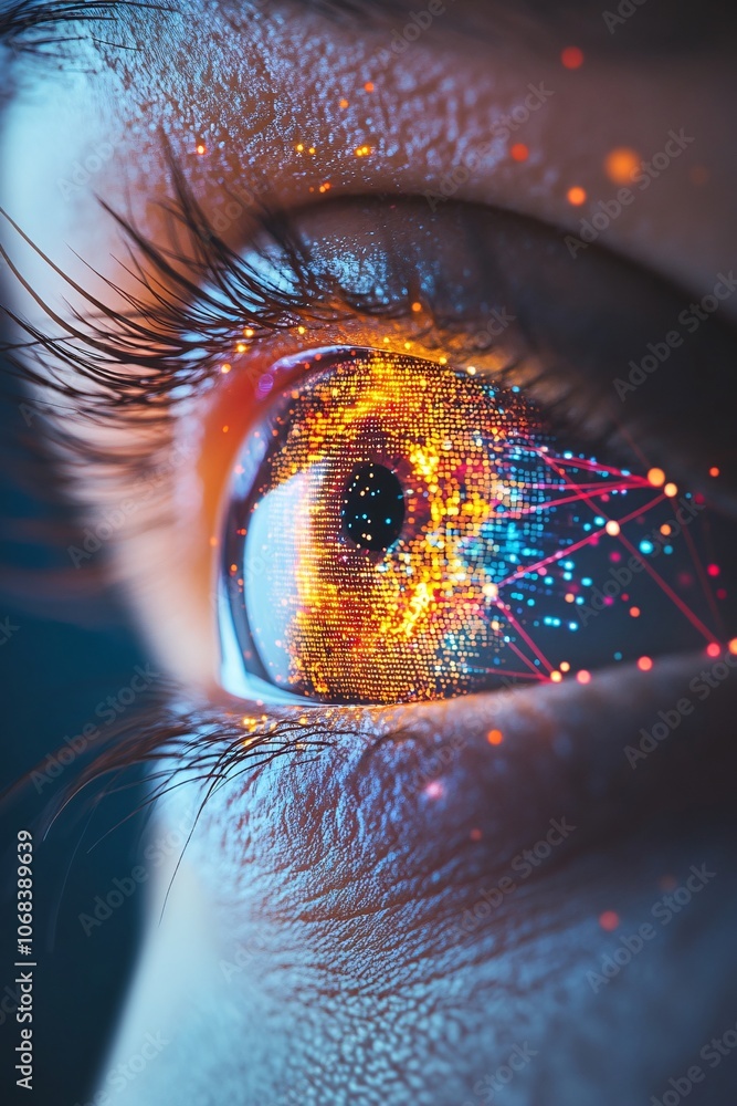 Poster human eye showing futuristic digital data network and technology