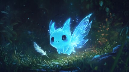 Fototapeta premium Tiny glowing blue being with delicate wings chasing a feather in a gentle breeze.
