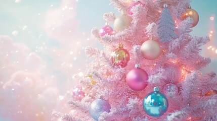 Fototapeta premium Festive Pink Christmas Tree with Colorful Ornaments
