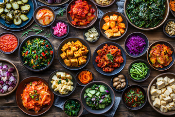 A variety of banchan: Colorful Korean side dishes served in small plates, showcasing diverse textures
