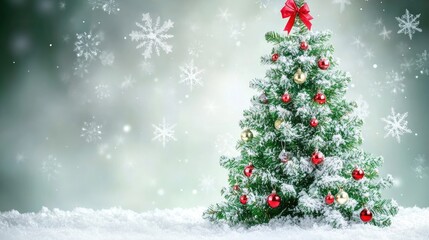 Obraz premium Traditional Christmas tree decorated with snowflakes and bells, with room for seasonal text on a soft-focus backdrop.