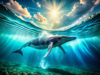 Naklejka premium Majestic Blue Whale Swimming Gracefully in Turquoise Ocean Waves, Perfect for Nature and Marine Life Themes, Emphasizing the Beauty of Underwater World and Conservation Efforts