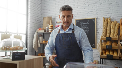 Handsome middle-aged man in an apron working in a cozy bakery surrounded by fresh bread and pastries