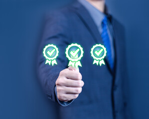 Businessman holding quality certification mark, audit, business, assurance, control, digital,...