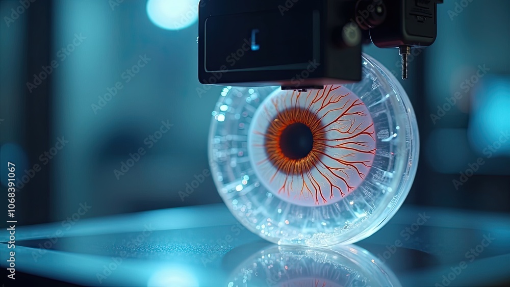 Aufkleber a detailed view of a futuristic artificial eye with intricate designs displayed in a modern laborato