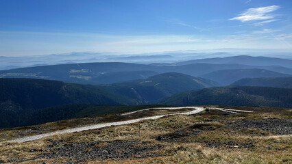 Panorama, Mountain hiking trail leading to the top of Mount Sniezka, Poland. Mountain landscape