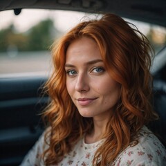 Fototapeta premium Natural Portrait of Smiling Redhead Woman with Wavy Hair in Car Setting