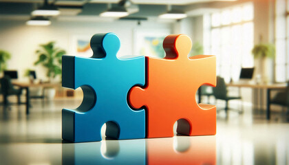Two large puzzle pieces in contrasting colors are joined together, symbolizing a strong partnership and fitting teamwork