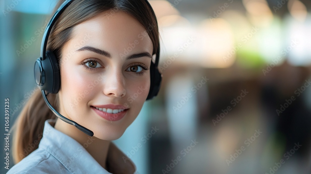 Poster Smiling customer service representative wearing headset in office
