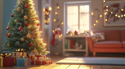 Warm holiday scene with a Christmas tree in the foreground, leaving space on a festive background for greetings or text.