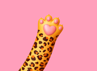 Leopard paw with heart isolated on pink background. Clipping path included