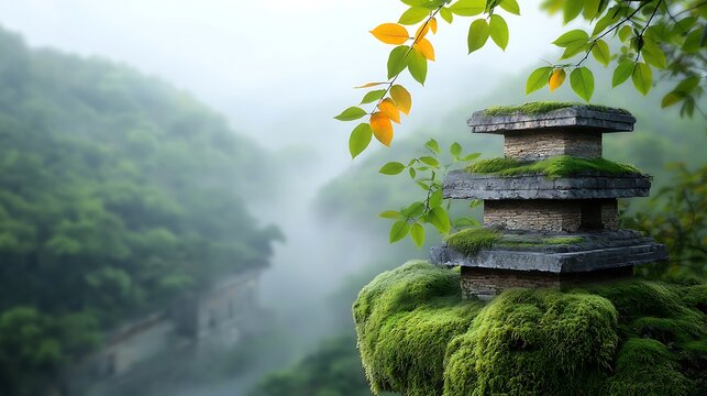 The ancient ruins sit quietly in the dense forest, draped in thick green moss that seems to whisper secrets of centuries past