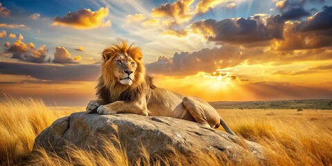 Naklejka premium Majestic Lion Leaning on the Sun in the Savannah: A Stunning Fashion Photography Shot Capturing the Essence of Wildlife and Nature's Beauty in Golden Hour Light