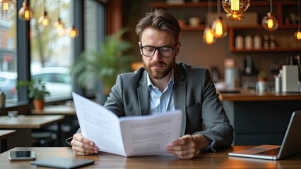 Obraz premium Professional Man Reviewing Documents in a Coffee Shop During the Day, Showcasing Focused Work and a Cozy Atmosphere