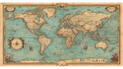 Obraz premium Discover the joyful monkey in a decorative vintage map of the world with gigapixel text shapes for exploration enthusiasts