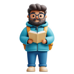 3D icon avatar A cartoon boy is reading a book, student school, concept of education learning